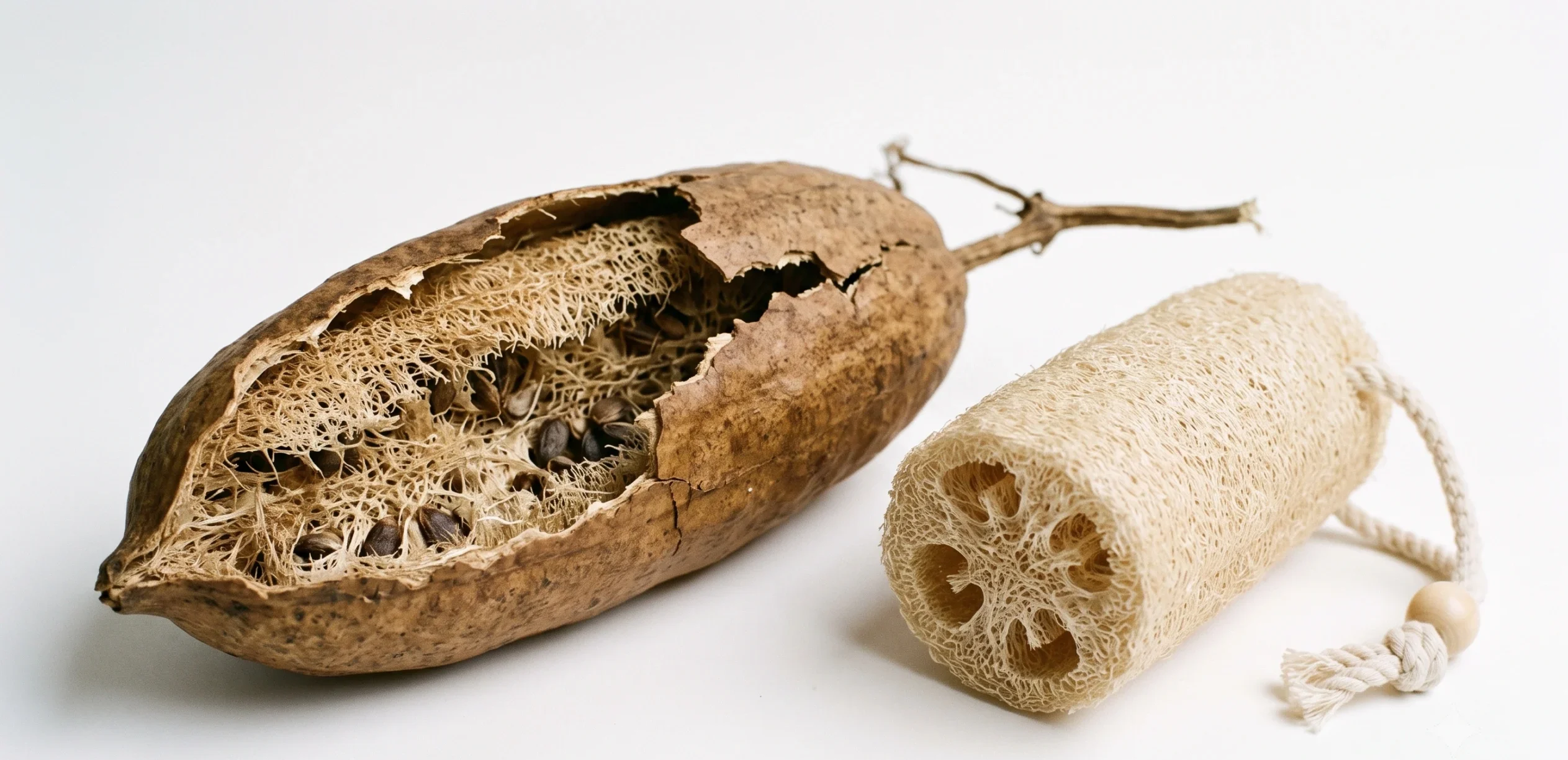 Dried loofah gourd next to a finished natural loofah sponge showing the plant-to-sponge transformation