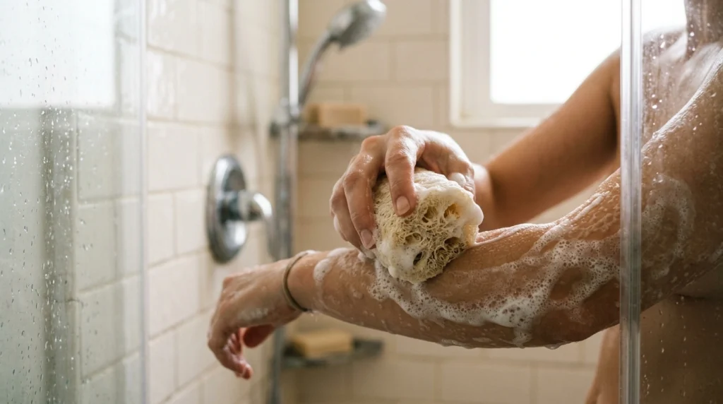Hand using a natural loofah sponge with soap lather while exfoliating skin