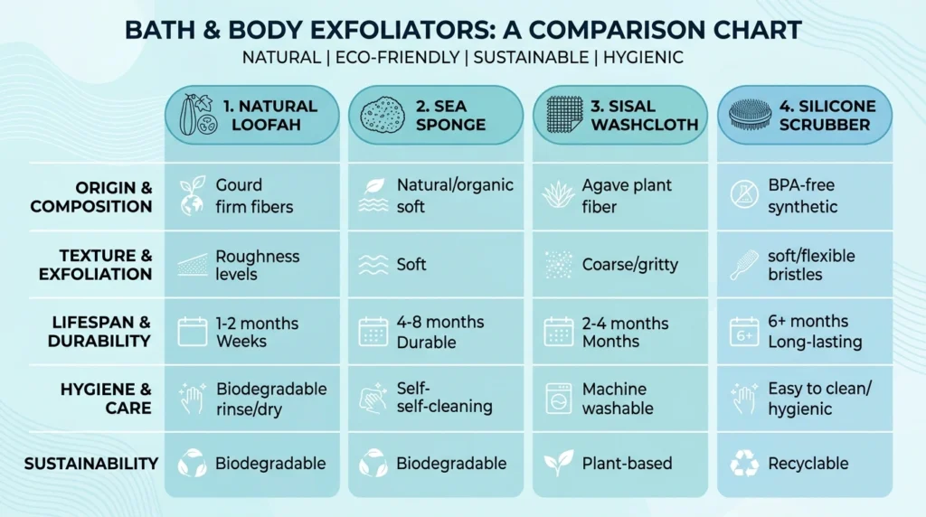 Comparison chart of natural loofah, sea sponge, sisal, and silicone body scrubbers