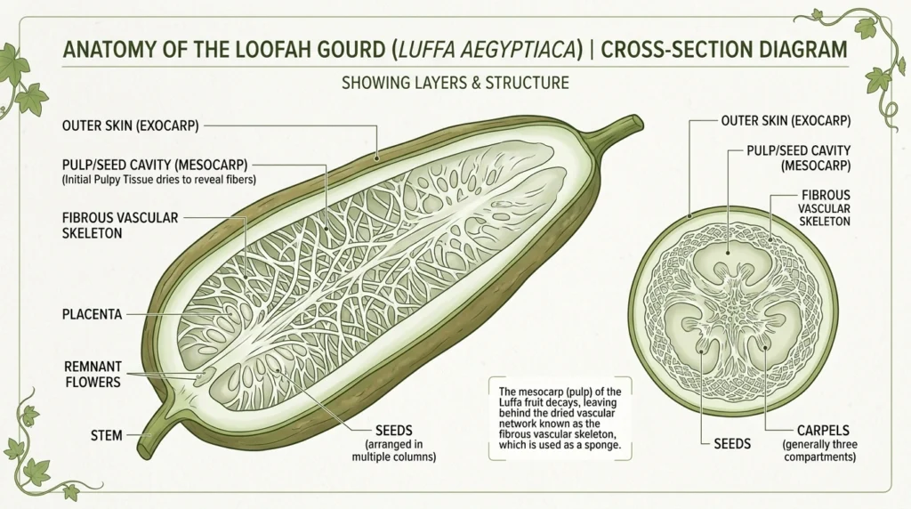 Labeled diagram of loofah gourd anatomy showing skin, pulp, and fiber layers