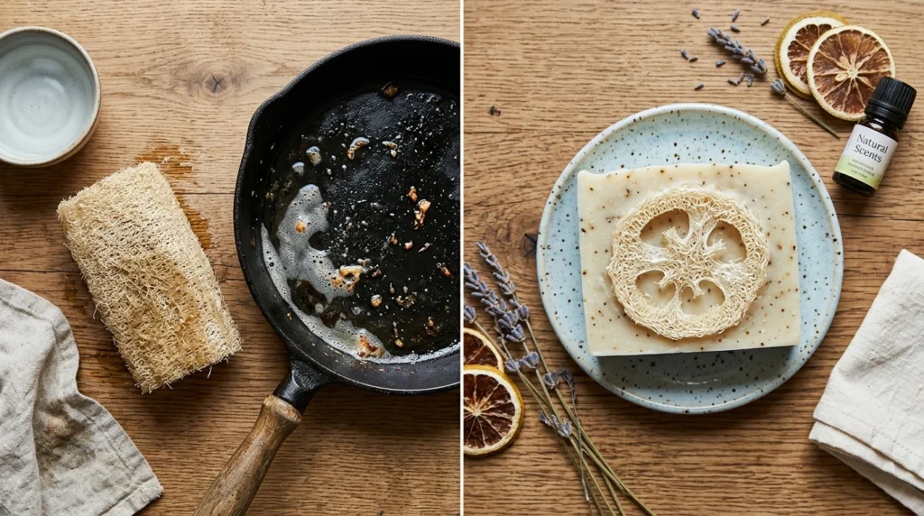 Flat-lay of loofah kitchen scrubber and loofah soap bar showing household uses