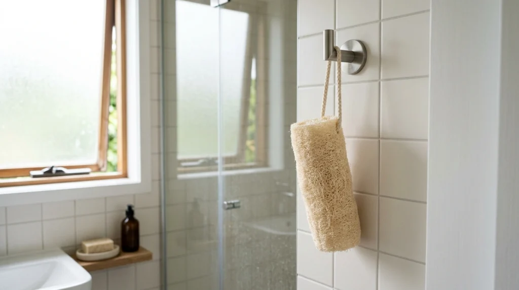 Natural loofah sponge hanging to air-dry in a ventilated bathroom