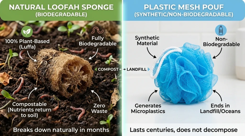 Comparison of a biodegradable natural loofah in compost versus a plastic bath pouf