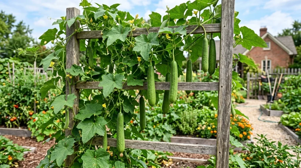 Loofah vines growing on a trellis with young green gourds hanging