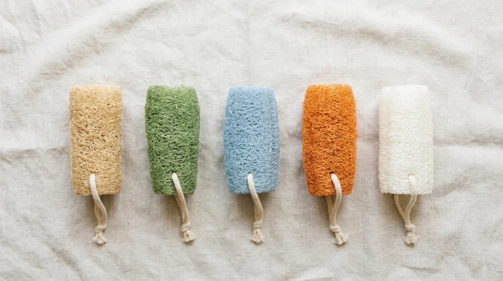 Row of loofah sponges in different colors including natural, green, blue, and orange