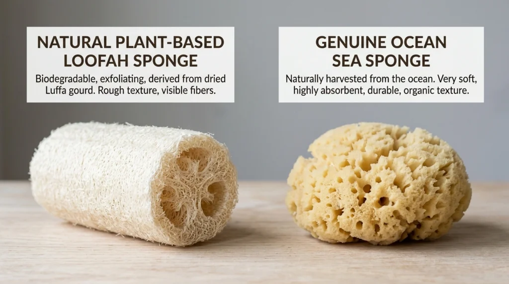Side-by-side comparison of a plant-based loofah sponge and an ocean sea sponge
