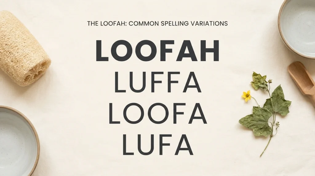 Graphic listing common spelling variants of loofah including luffa, loofa, and lufa