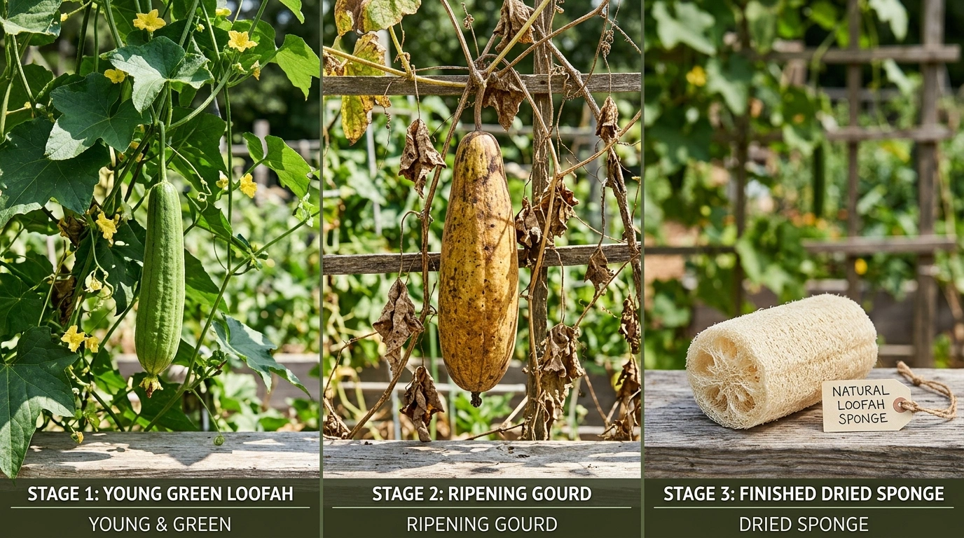 Loofah shown at three life stages: young green vegetable, ripening gourd, and dried sponge