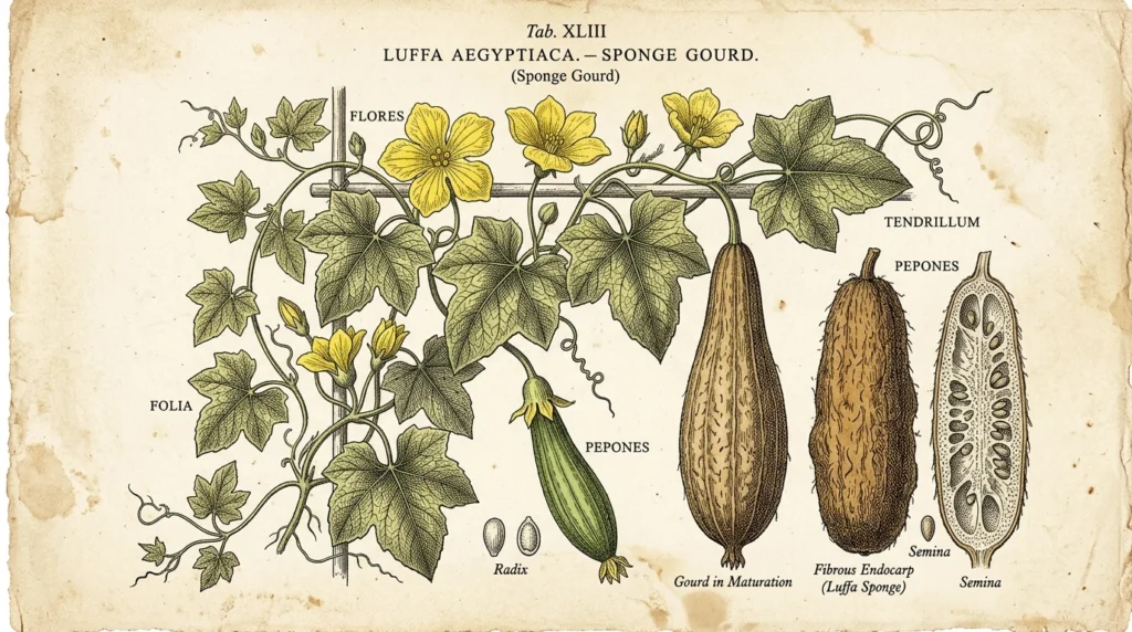 Vintage botanical illustration of the Luffa plant showing vine, flower, and gourd