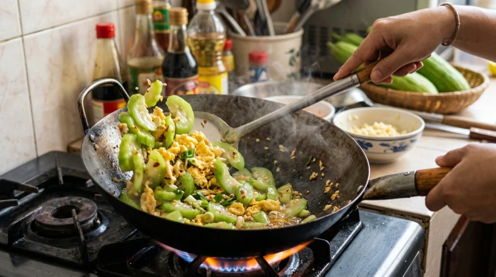 Sliced young loofah vegetable being stir-fried with garlic and eggs in a wok