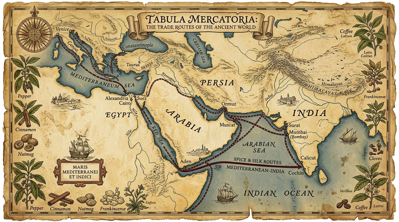 Map showing the historical trade route spread of loofah from Asia to the Mediterranean